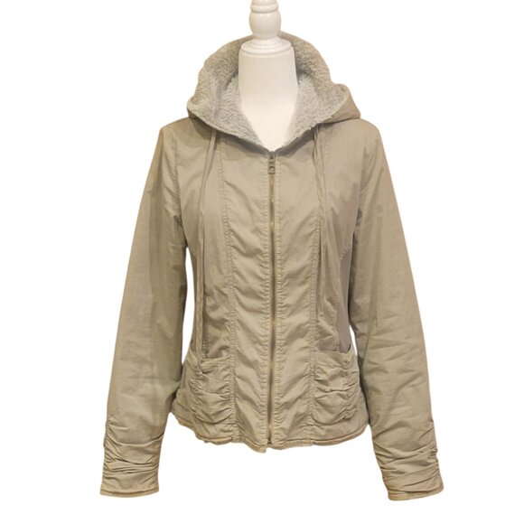 XCVI Light Green Khaki 100% Cotton Ruched Plush Fleece Lined Hooded Jacket Sz L - Picture 2 of 16